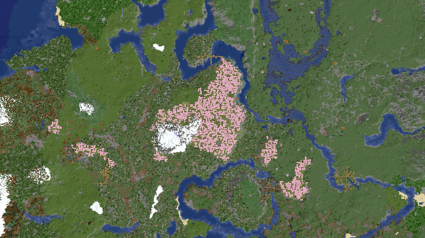 Top-down map of the server world: forests, rivers, snowy hills and a cherry grove in the middle.